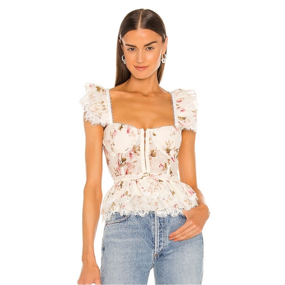 V. Chapman Floral Ruffle Top - Cream and Pink